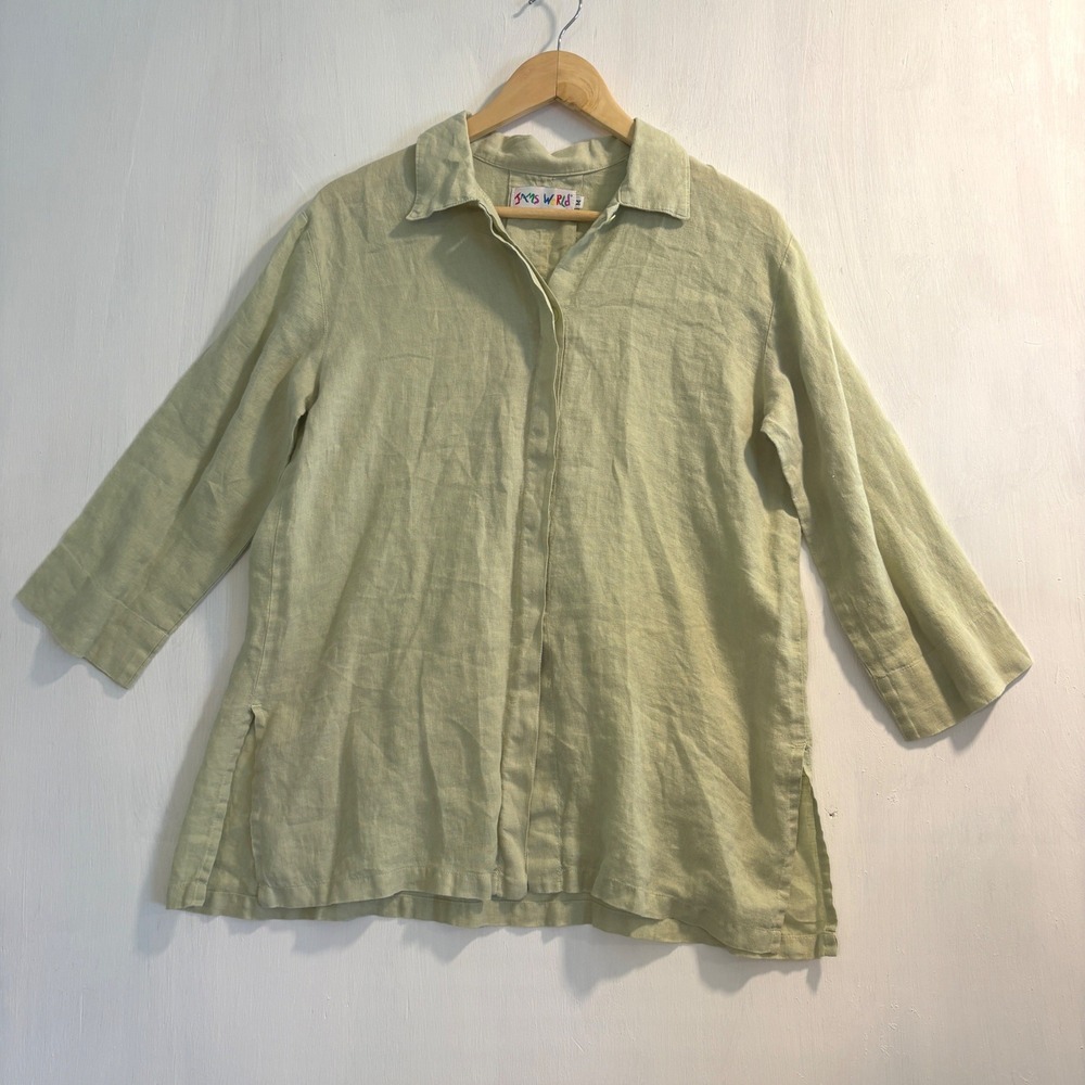 90s Jams World Womens Spring Green 100% Linen Hidden Button Shirt Tunic TopM